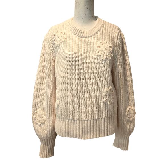 Rails Romy Cream Floral Daisy Applique Chunky Knit Cotton Puff Sleeve Sweater, M - Picture 4 of 11